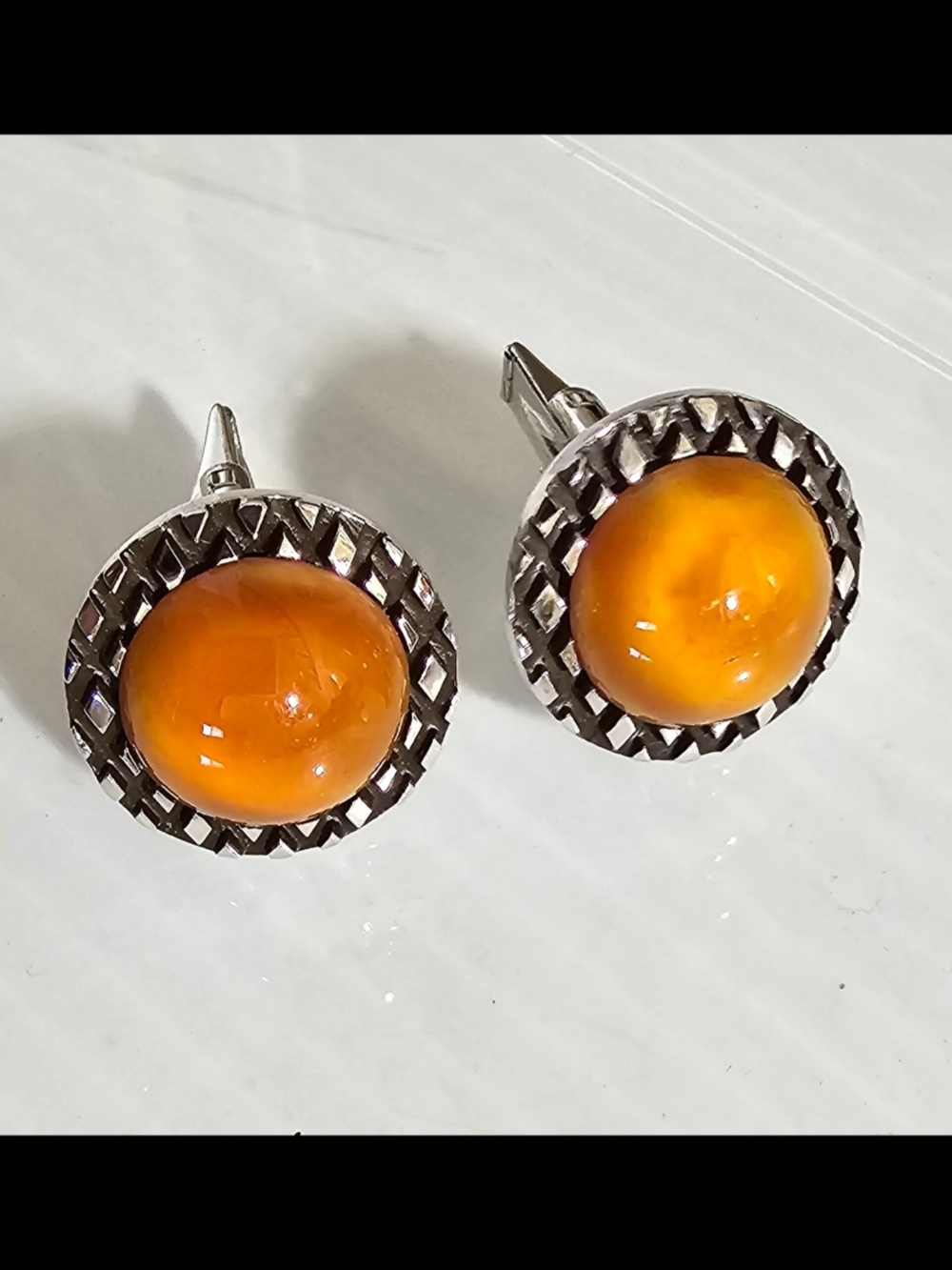 Vintage Silvertone & Amber Colored Jewelry Glass Cufflinks Soviet Era